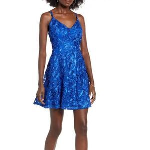 Love Nickie Lew Blue Soutache Lace Skater Mini Dress (size 6 women's/9 juniors)